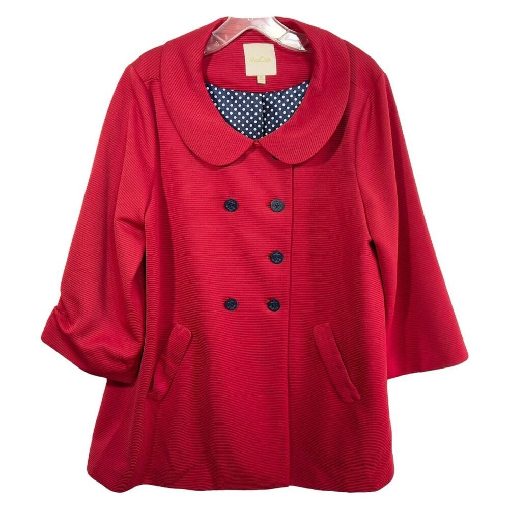 ModCloth XL Coat Red Lined Nautical Ribbed Peter Pan Collar A‎ Line Swing 933